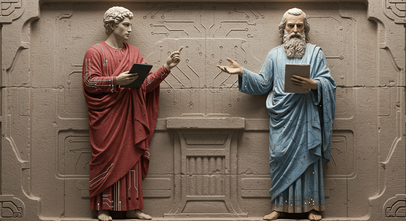 An abstract visualization of ancient Greek architecture and AI
