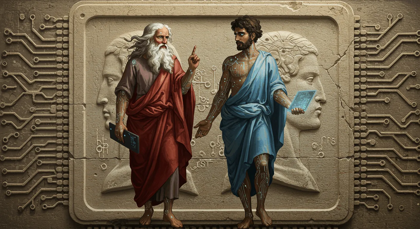 A visual representation of Aristotle and Plato debating AI concepts