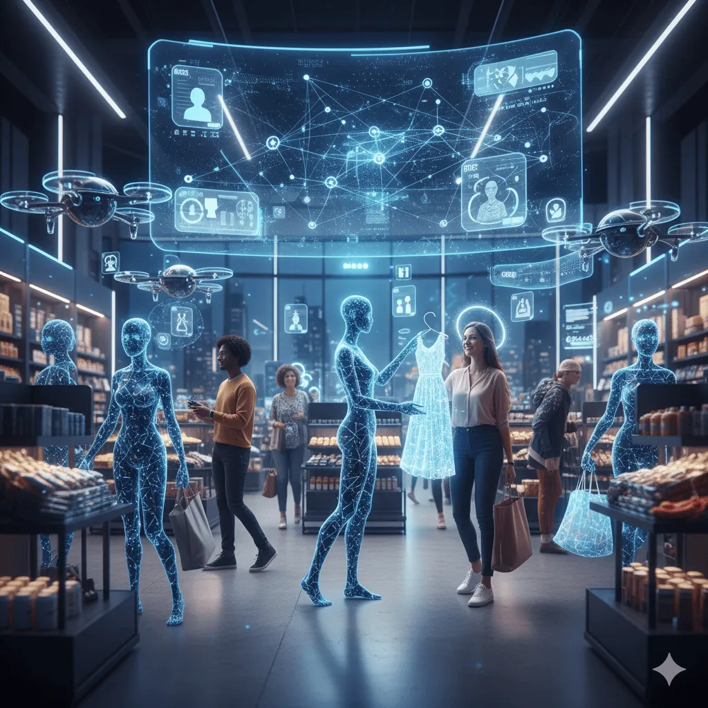 Visualization of AI shopping agents transforming retail commerce with autonomous purchasing and personalized recommendations