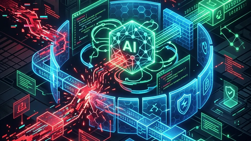 Abstract illustration of AI agent security breach and Model Context Protocol data flows.