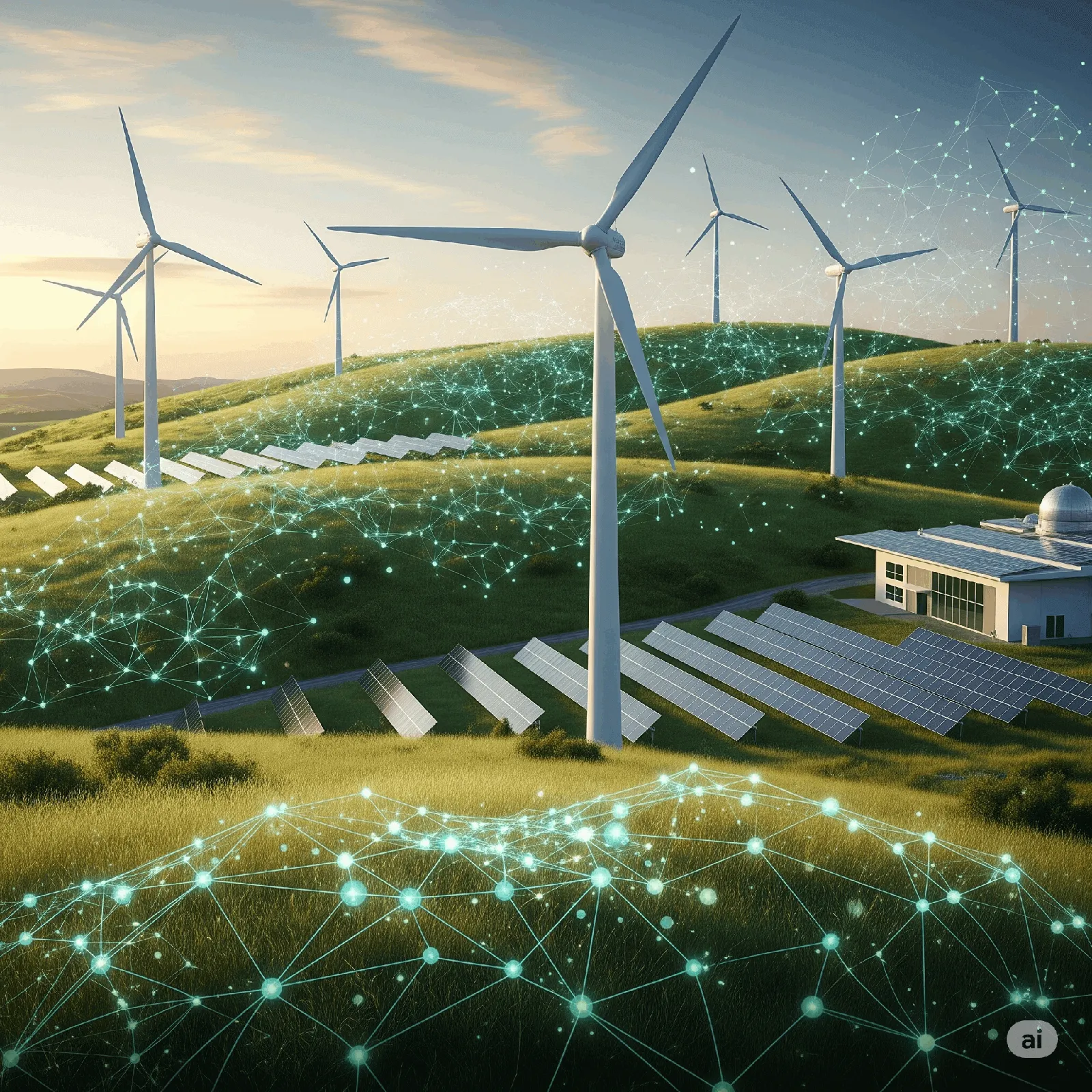 A lush, green landscape with wind turbines and solar panels, with an overlay of a subtle, glowing neural network pattern, symbolizing AI's positive impact on the environment.