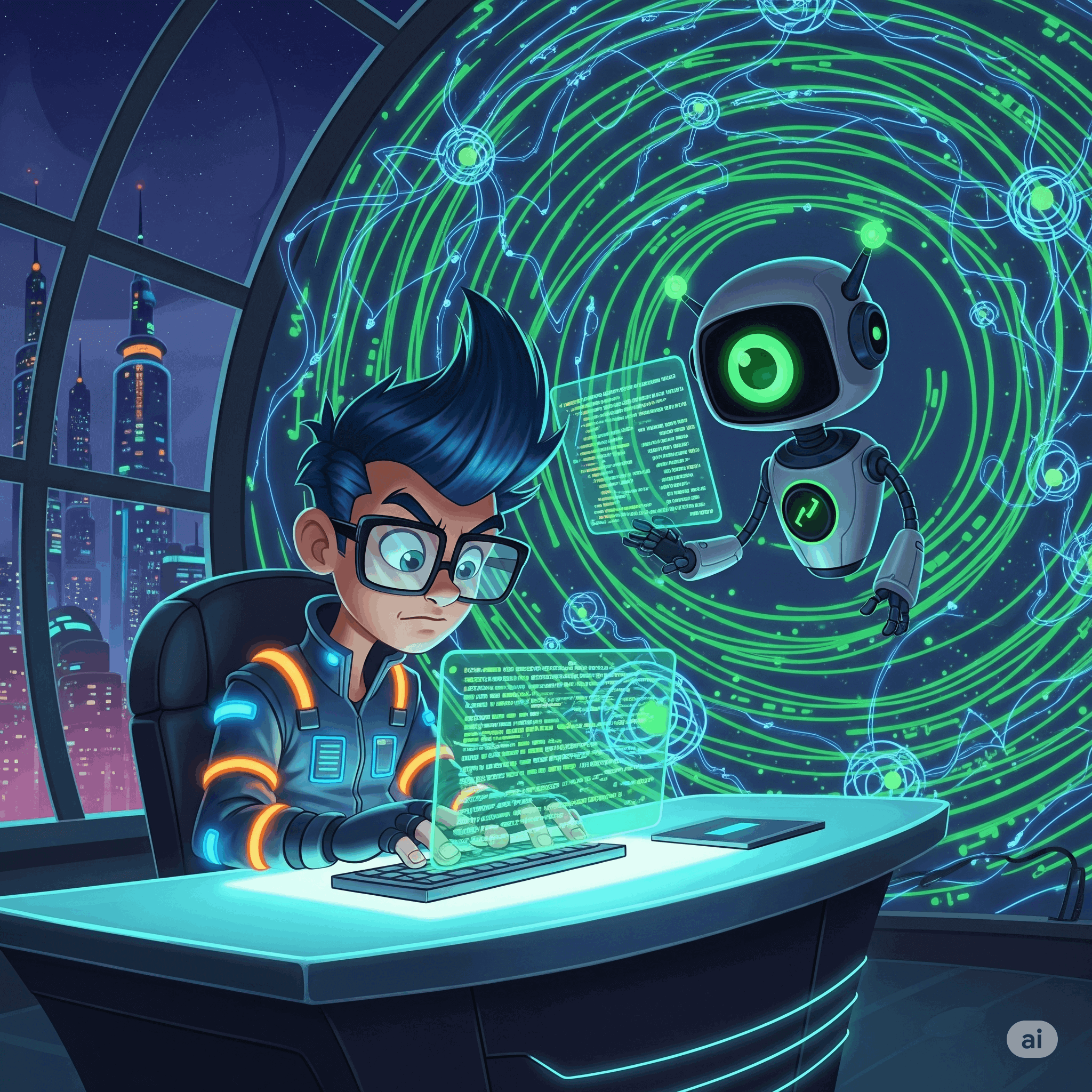 A futuristic image of a developer working alongside an AI code assistant, with lines of code and neural network patterns in the background.