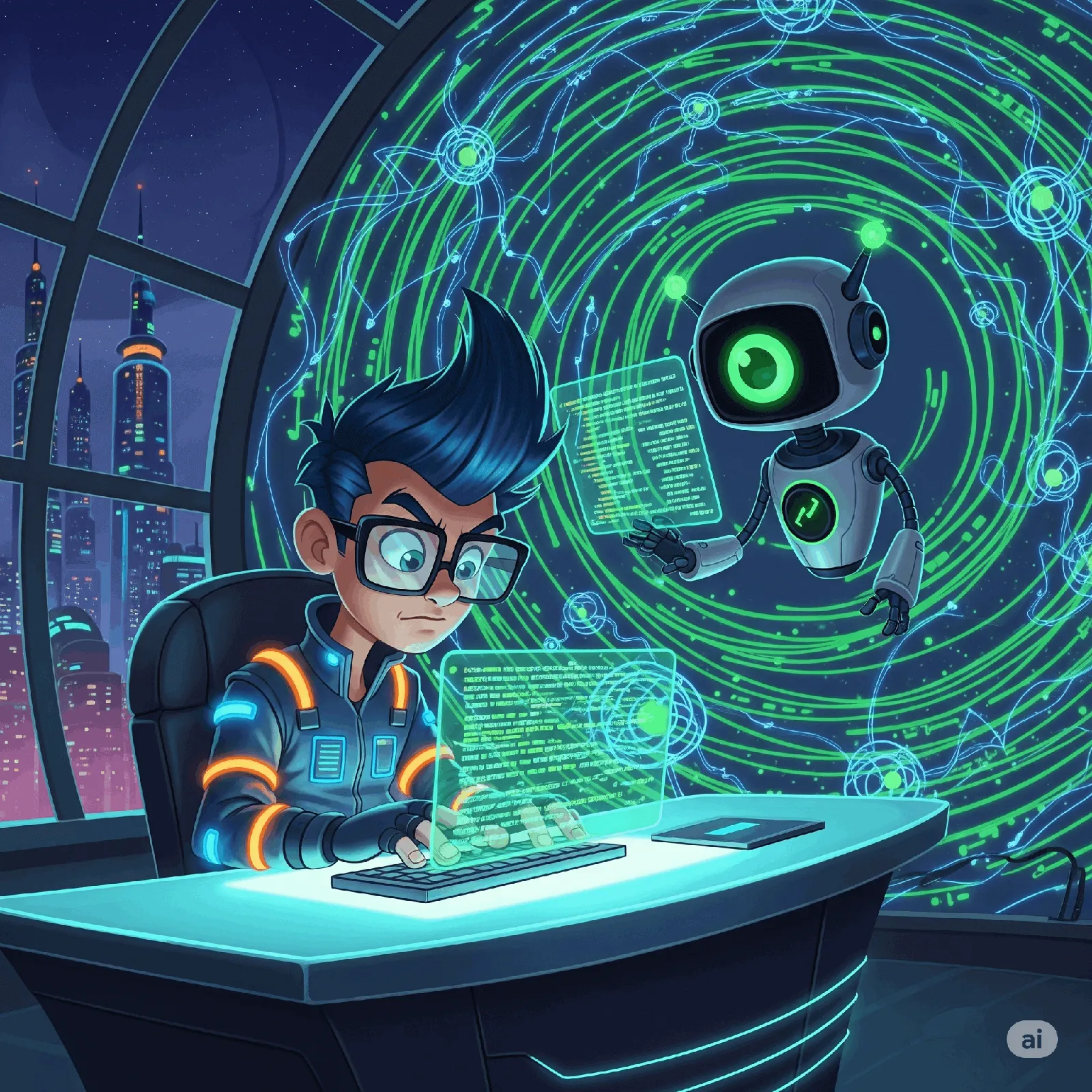 A futuristic image of a developer working alongside an AI code assistant, with lines of code and neural network patterns in the background.