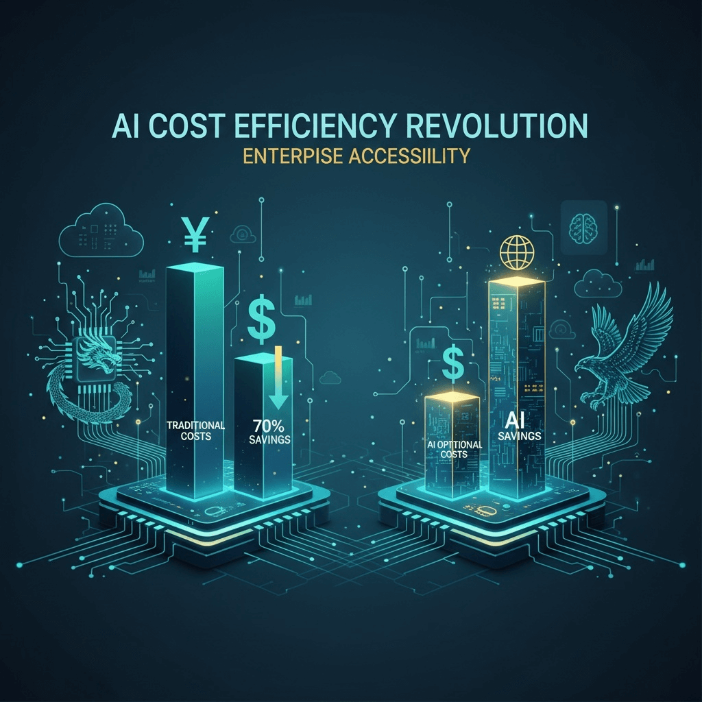 Visualization of AI cost revolution showing dramatic cost savings comparison between traditional and efficient AI training methods with enterprise accessibility themes