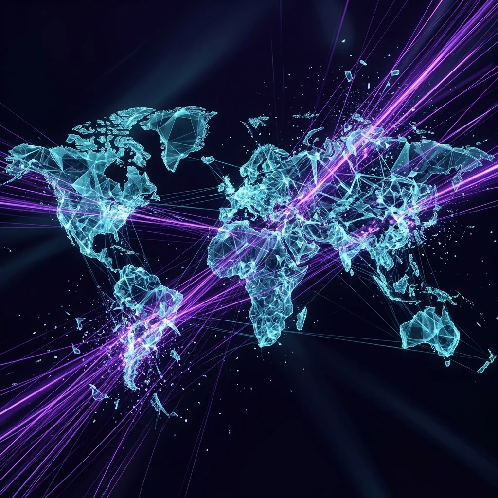 Abstract illustration of interconnected financial nodes under digital attack with an AI-powered defensive shield.