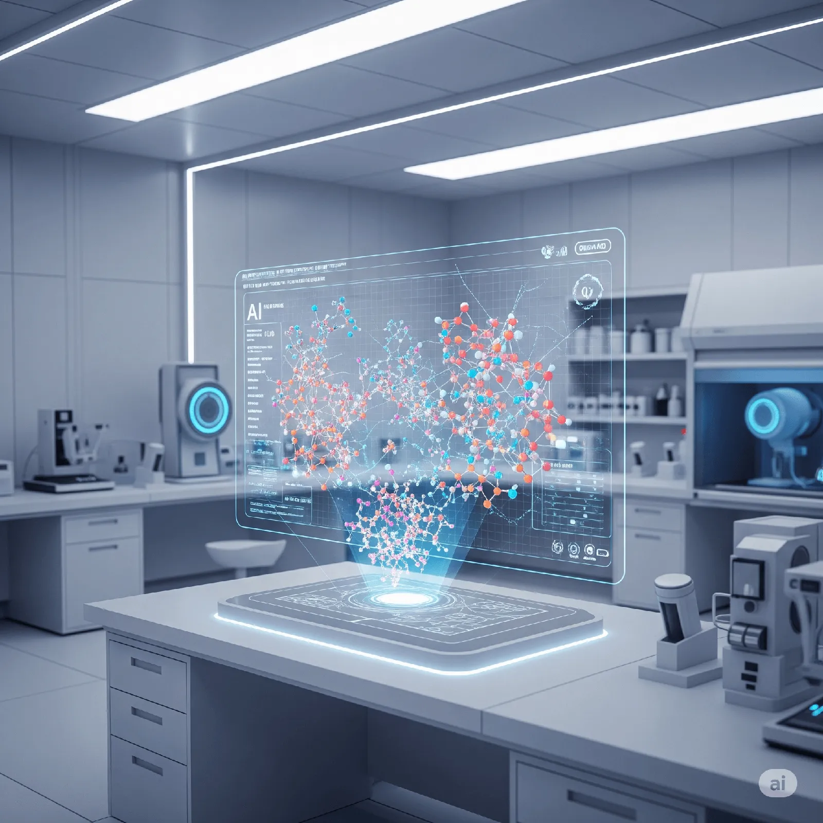 A futuristic lab scene where an AI interface displays glowing molecular structures, symbolizing the rapid advancement of AI-powered drug discovery.