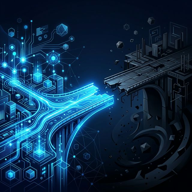 Abstract glowing bridge breaking apart over a dark abyss, representing the enterprise AI execution gap between investment and production