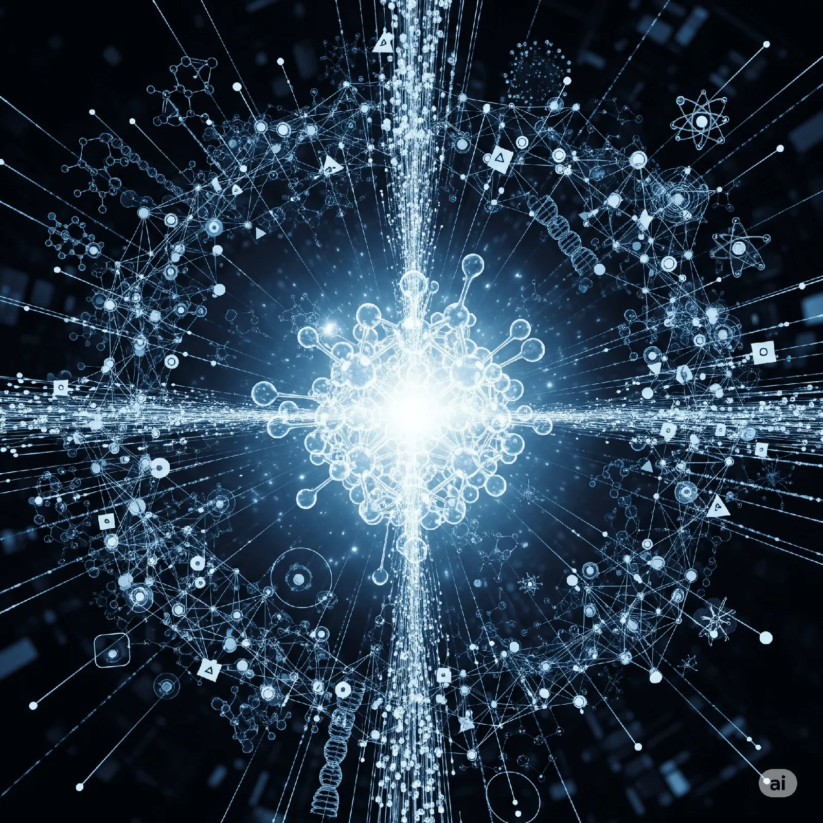An abstract, futuristic image representing AI-driven scientific discovery. It shows interconnected nodes and data streams converging on a glowing molecule, symbolizing breakthroughs in biology and chemistry.