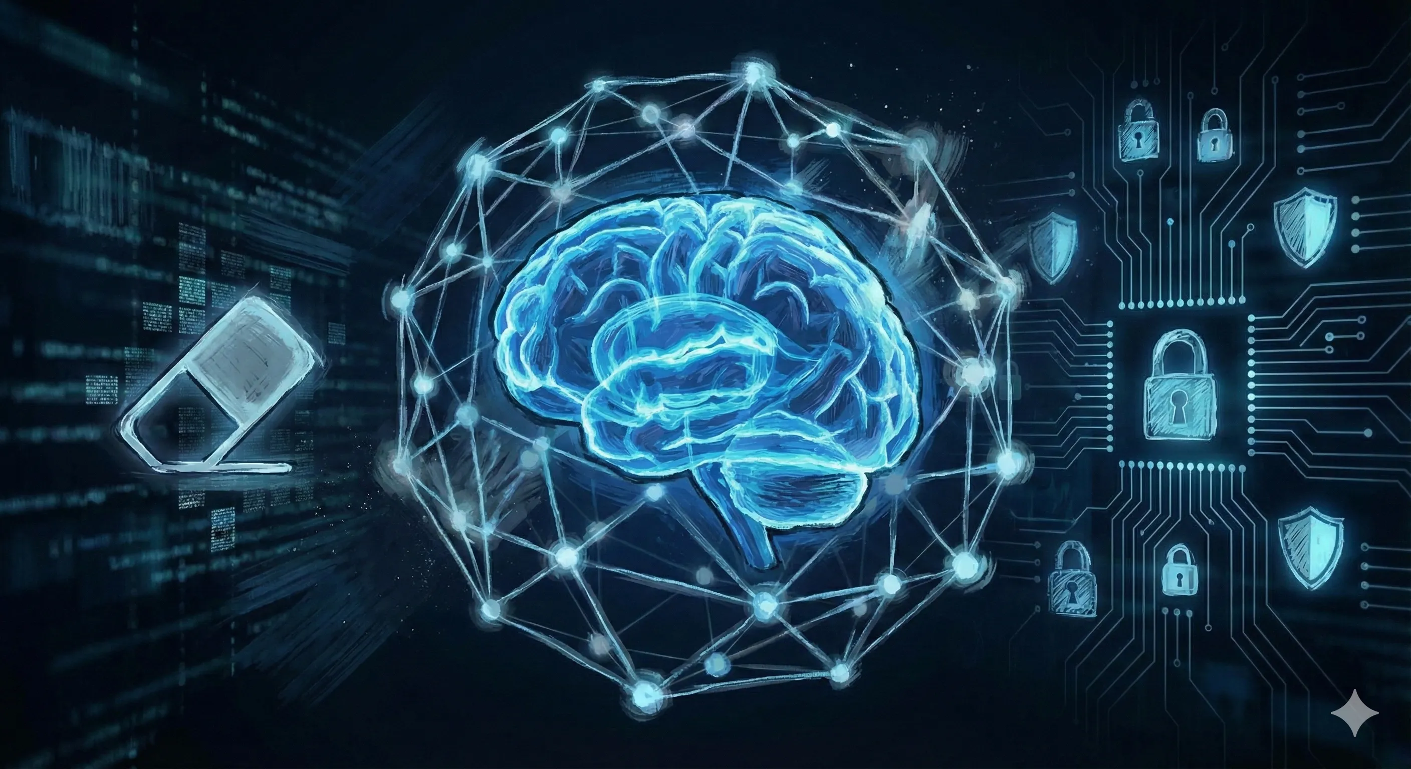 Conceptual illustration of AI forgetting mechanisms showing a digital brain with selective data erasure capabilities, neural networks with fading data points, and privacy protection elements like padlocks and shields.