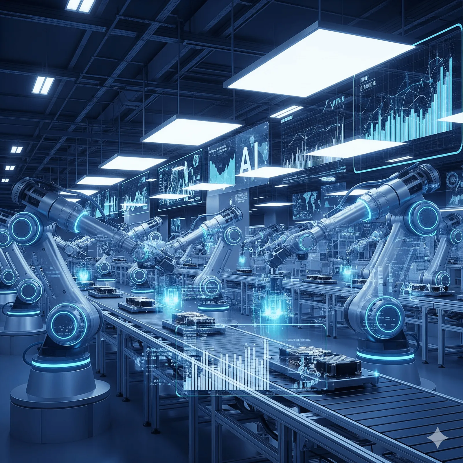 A futuristic factory floor with robotic arms and digital overlays, symbolizing the integration of AI in manufacturing.