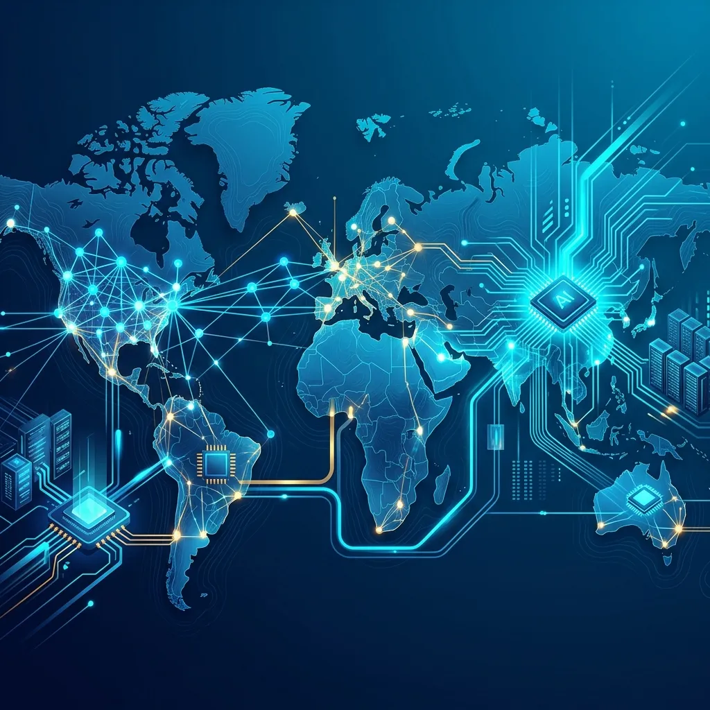 Futuristic digital illustration of global AI leadership competition and neural networks on a world map.