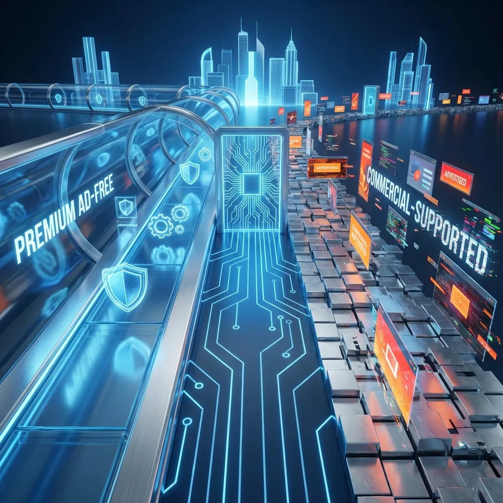 Abstract visualization of two diverging paths in AI business models: one pristine and ad-free, the other fragmented by commercial interruptions.