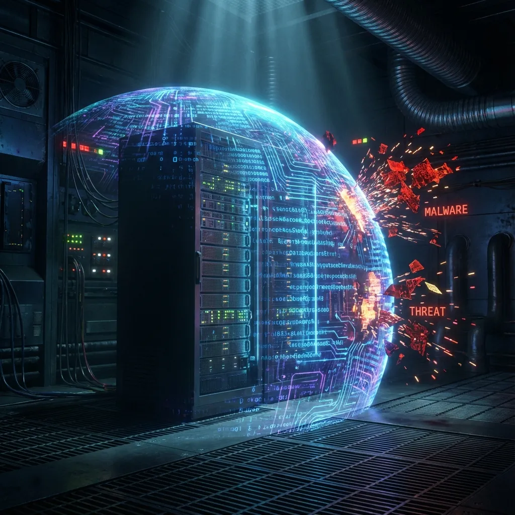 A futuristic digital shield made of glowing blue and purple code protecting a server rack in a dark data center.