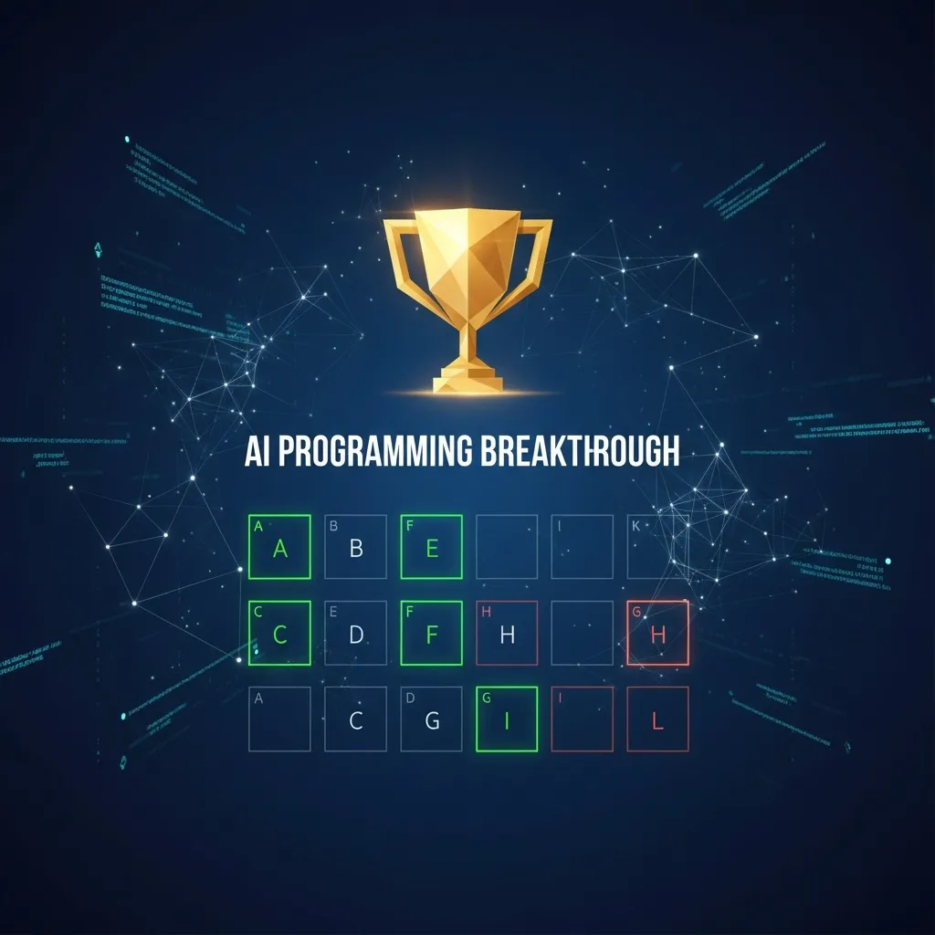 Futuristic visualization of AI programming breakthrough showing Gemini 2.5 Deep Think achieving gold medal performance at ICPC 2025 with code elements and trophy