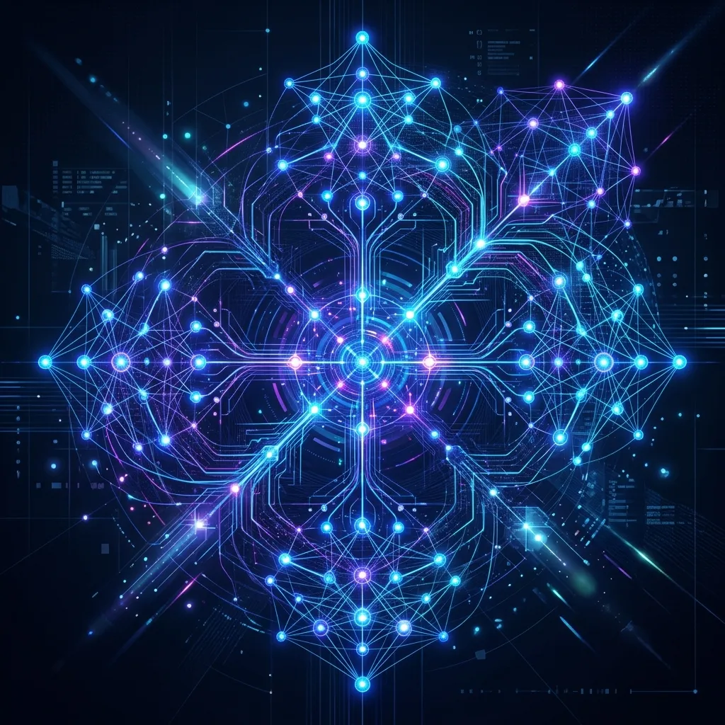 Abstract visualization of AI designing its own neural architecture.