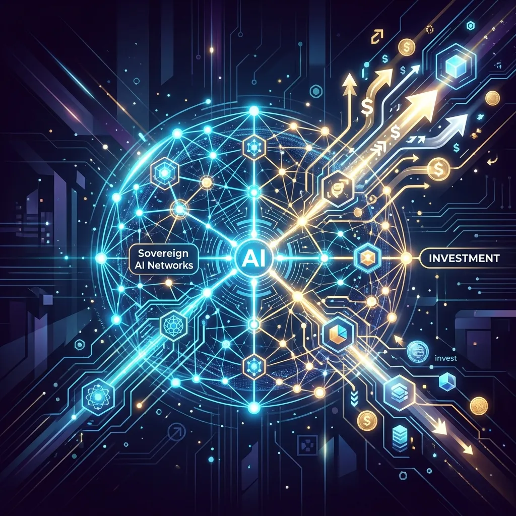 Abstract digital network nodes representing Alberta's $50M sovereign AI investment.