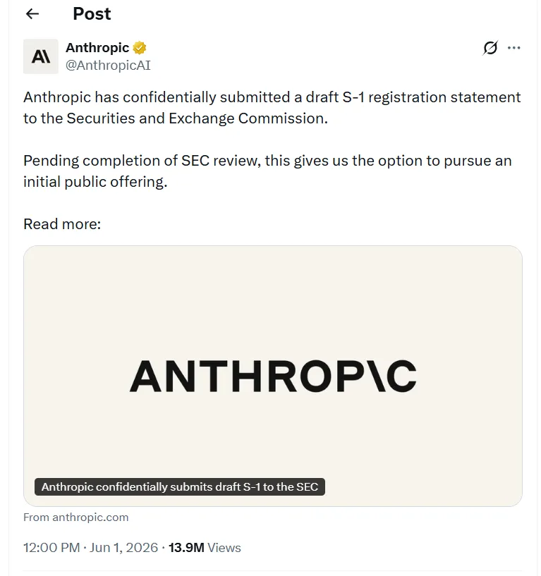 Anthropic S-1 IPO Announcement Tweet
