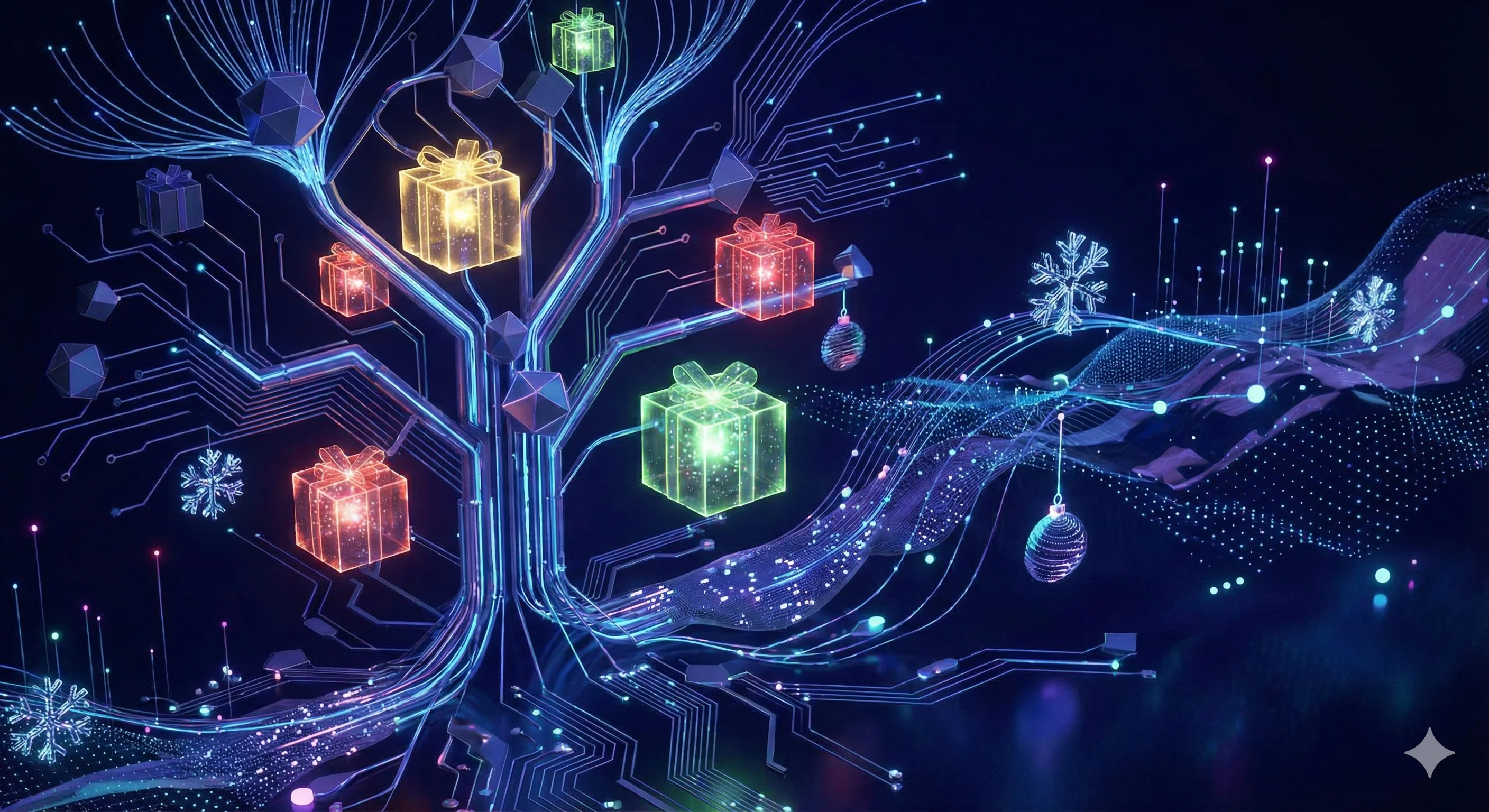 Abstract 3D digital Christmas with glowing gifts and neural networks.