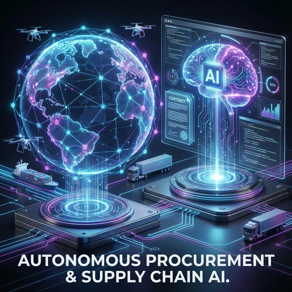 Futuristic digital art representing autonomous procurement and supply chain management with glowing nodes and AI interface.