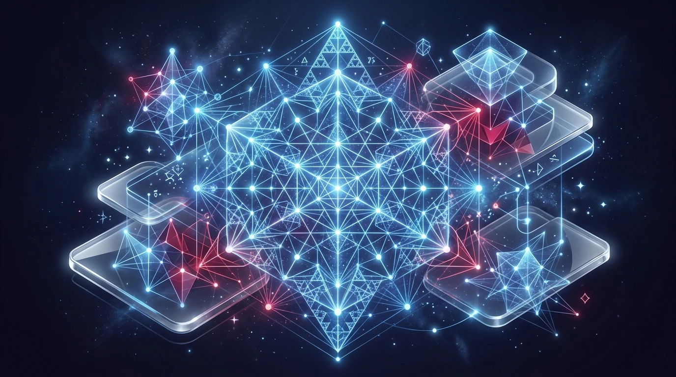 Abstract digital visual representing Bayesian Scientist AI and non-agentic disinterested intelligence.