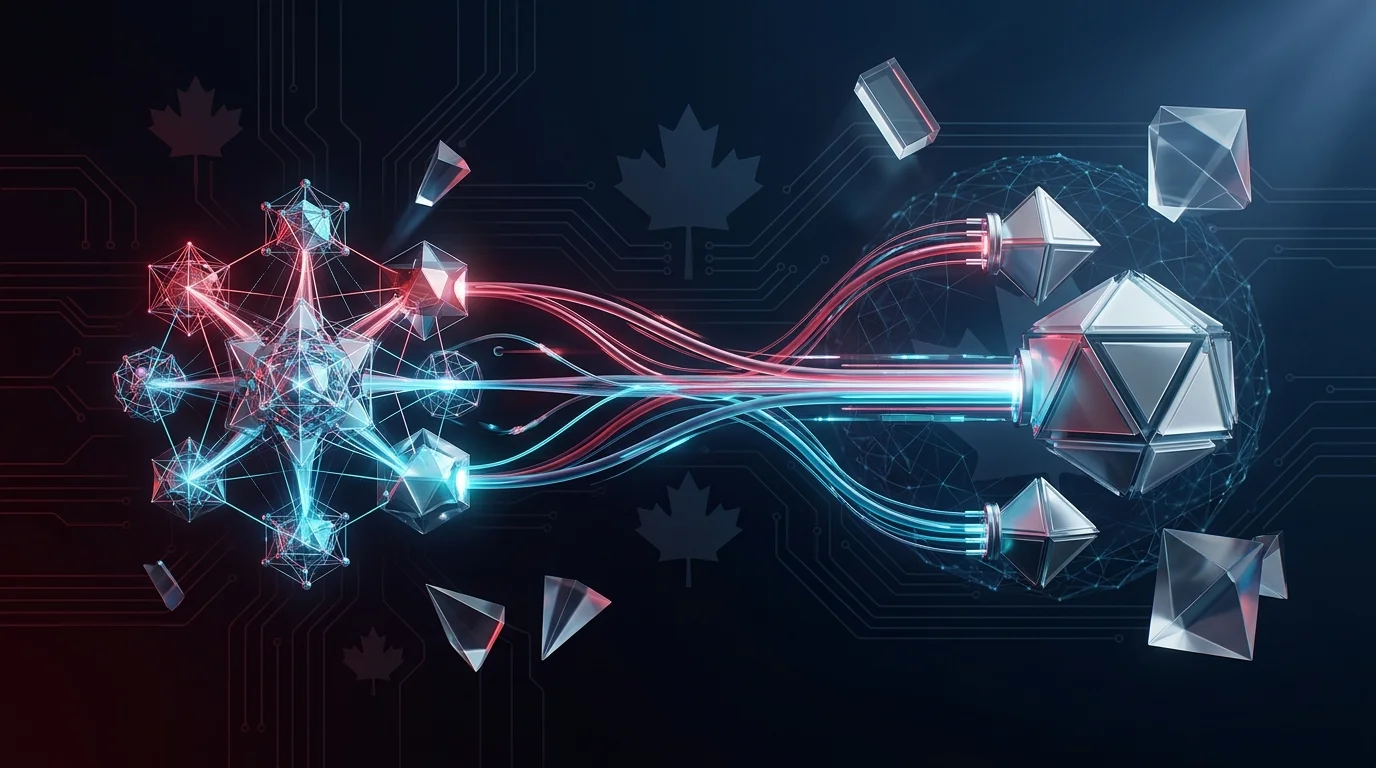 Abstract digital illustration of Canadian AI talent networks and neural pathways connecting universities to enterprise businesses.