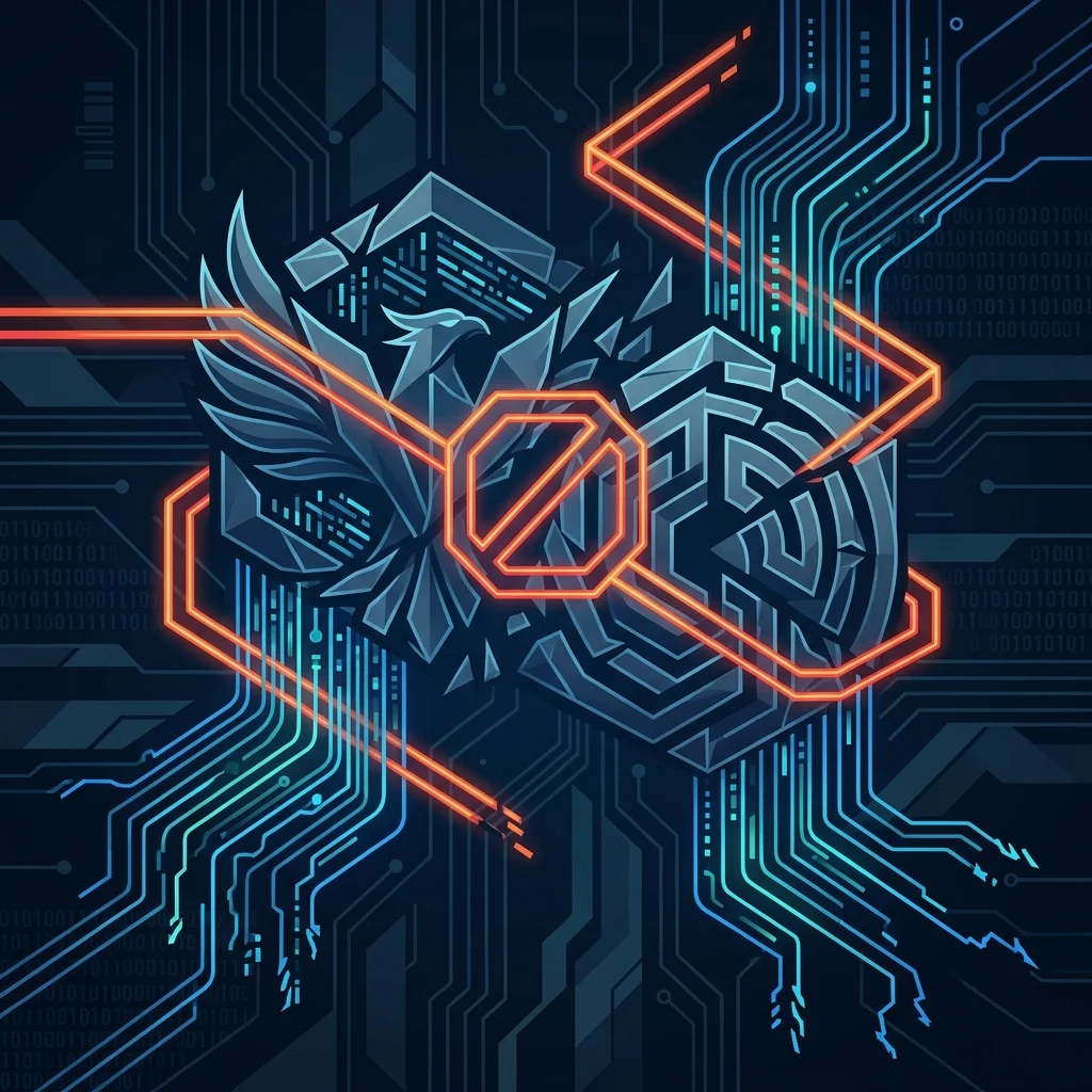 A modern, abstract, tech-focused illustration representing the national security suspension of Claude Fable and Mythos 5 models with clean vector lines and geometric shapes.