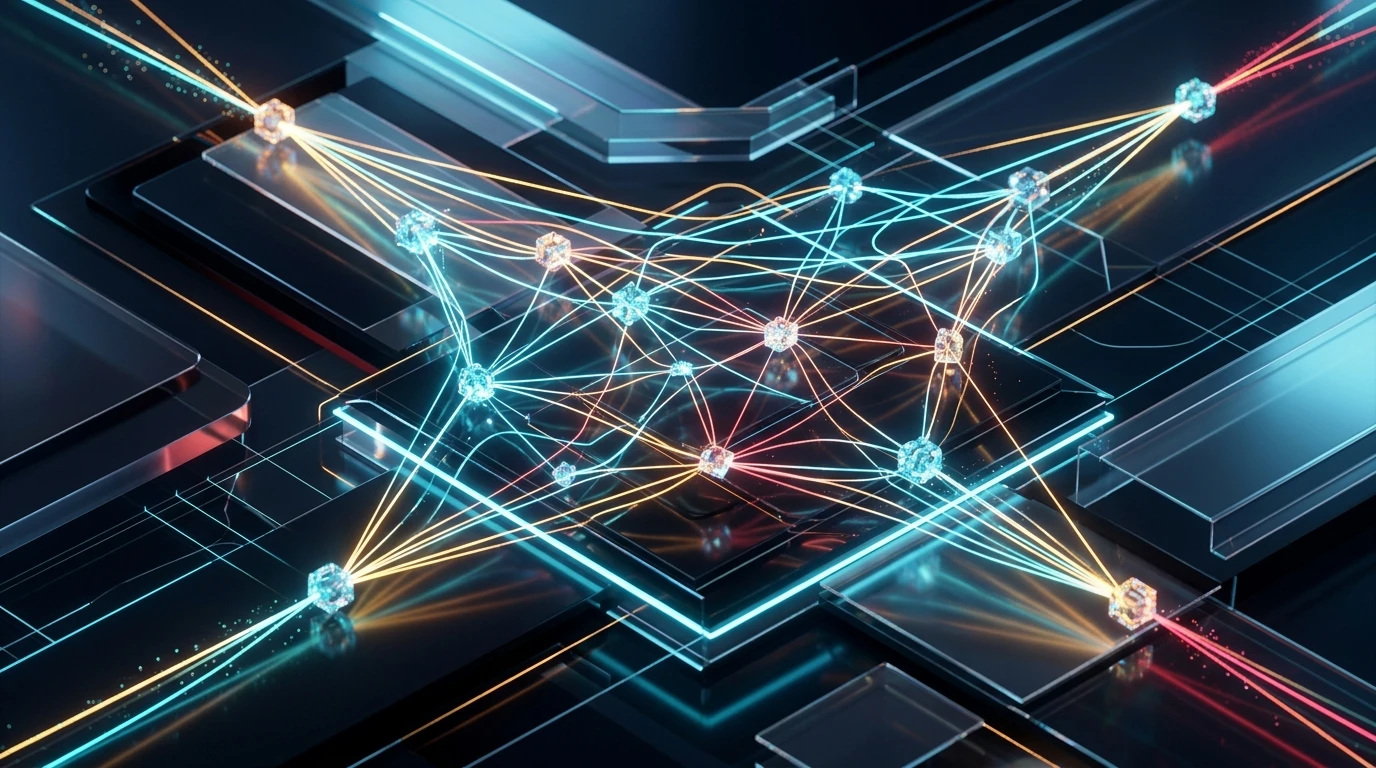 Abstract digital neural network illustration representing Cohere North Small Translate sovereign MoE translation architecture.