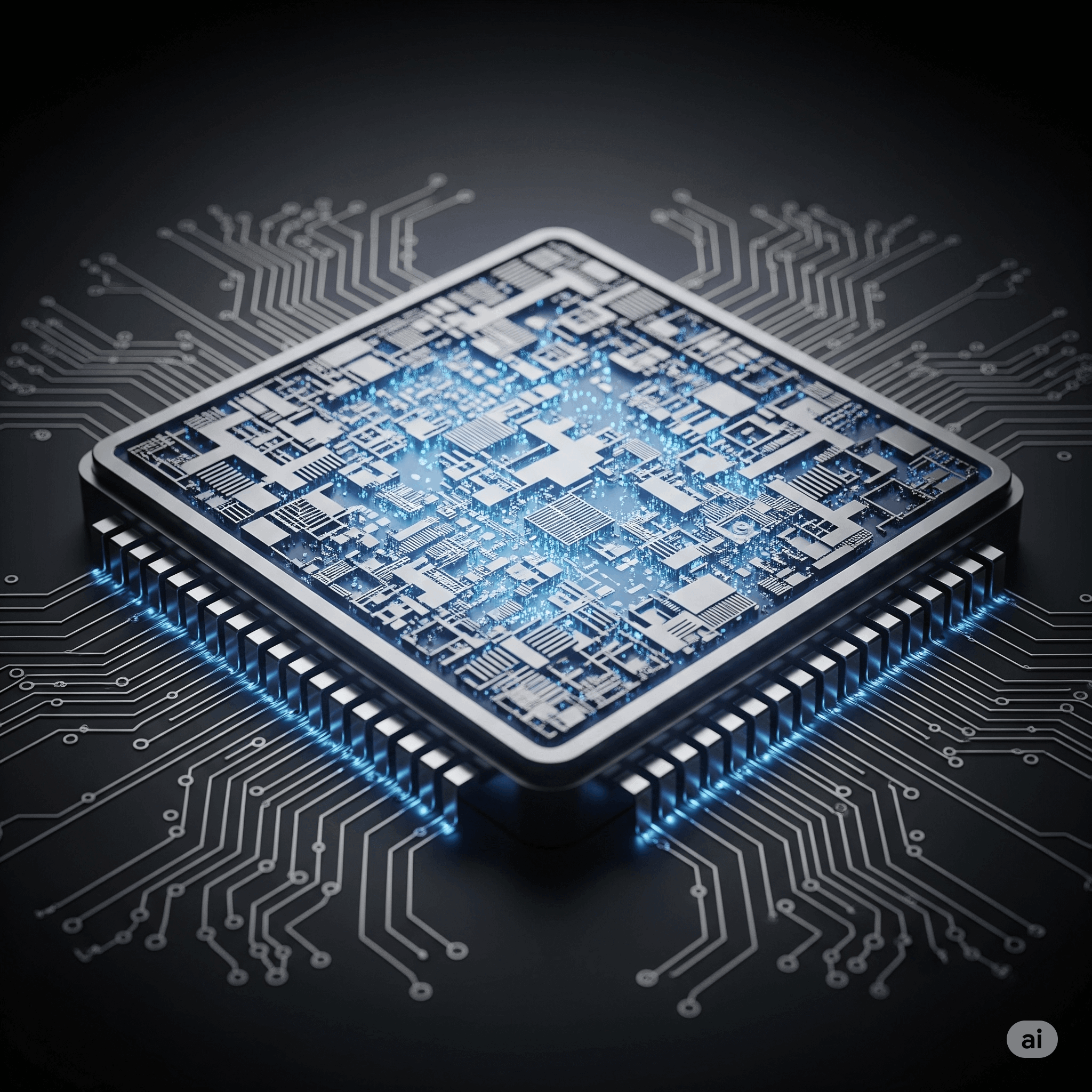 A sleek, glowing microchip with intricate, futuristic patterns, symbolizing the new wave of custom-designed AI silicon and hardware accelerators.