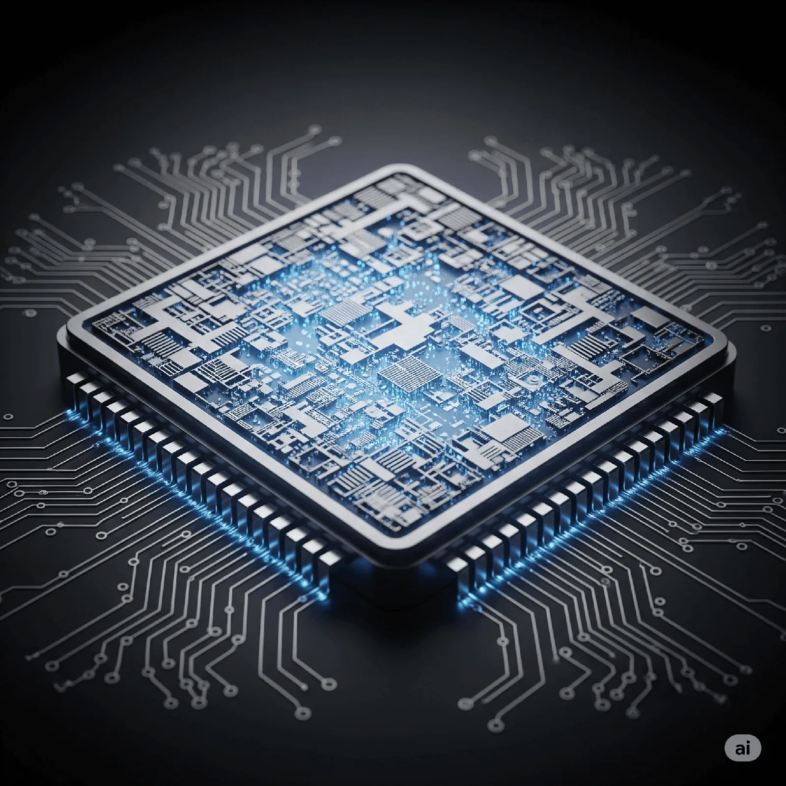 A sleek, glowing microchip with intricate, futuristic patterns, symbolizing the new wave of custom-designed AI silicon and hardware accelerators.