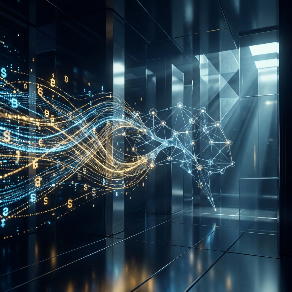 Abstract visualization of algorithmic trading data streams merging with AI