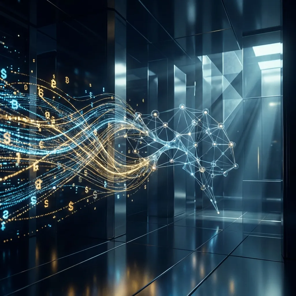 Abstract visualization of algorithmic trading data streams merging with AI