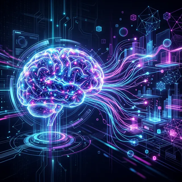 Abstract digital network representing a biological brain connected to a physics engine