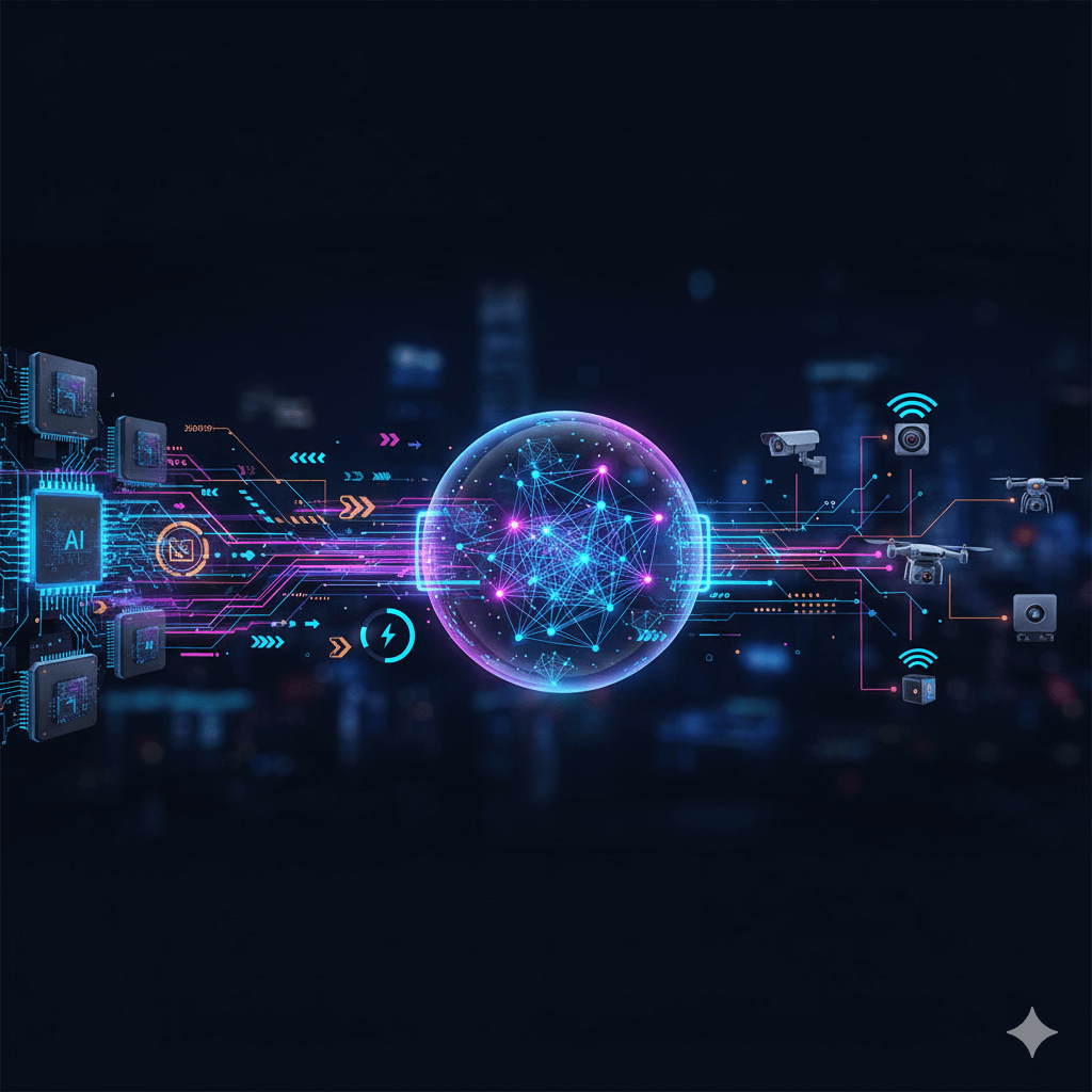 Visualization of edge AI inference acceleration showing compact devices processing AI locally with high efficiency and real-time performance