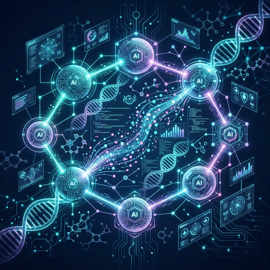 Abstract illustration of collaborative multi-agent AI nodes simulating clinical trials.