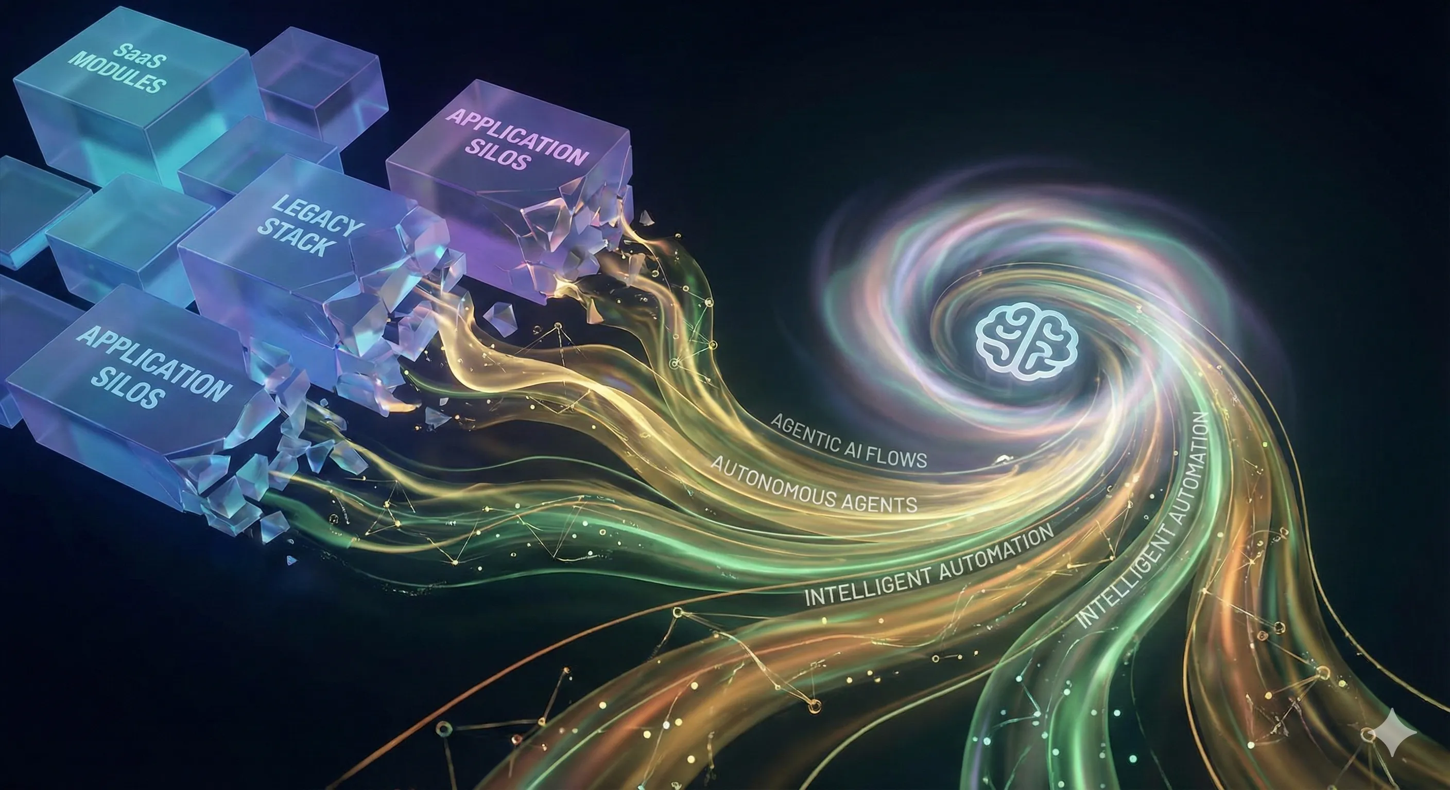 Abstract 3D illustration of software blocks dissolving into fluid intelligent streams, representing the shift from SaaS to Agentic AI.
