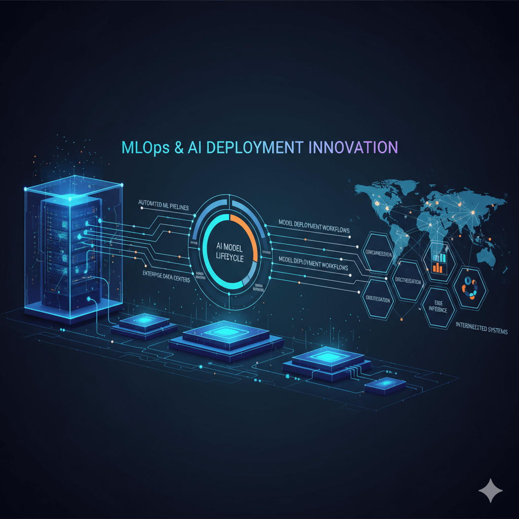 Visualization of modern MLOps pipelines showing automated AI model deployment, monitoring, and management in enterprise environments