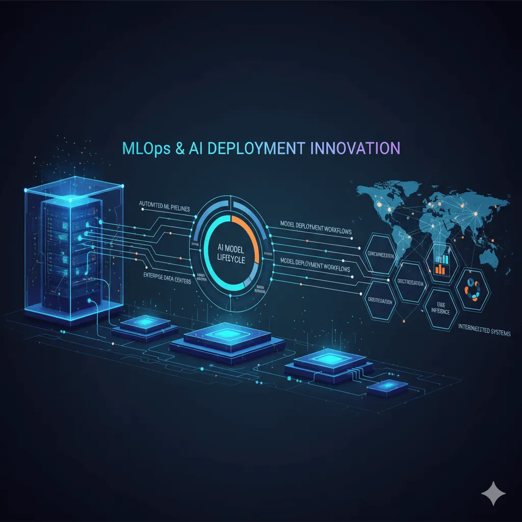 Visualization of modern MLOps pipelines showing automated AI model deployment, monitoring, and management in enterprise environments