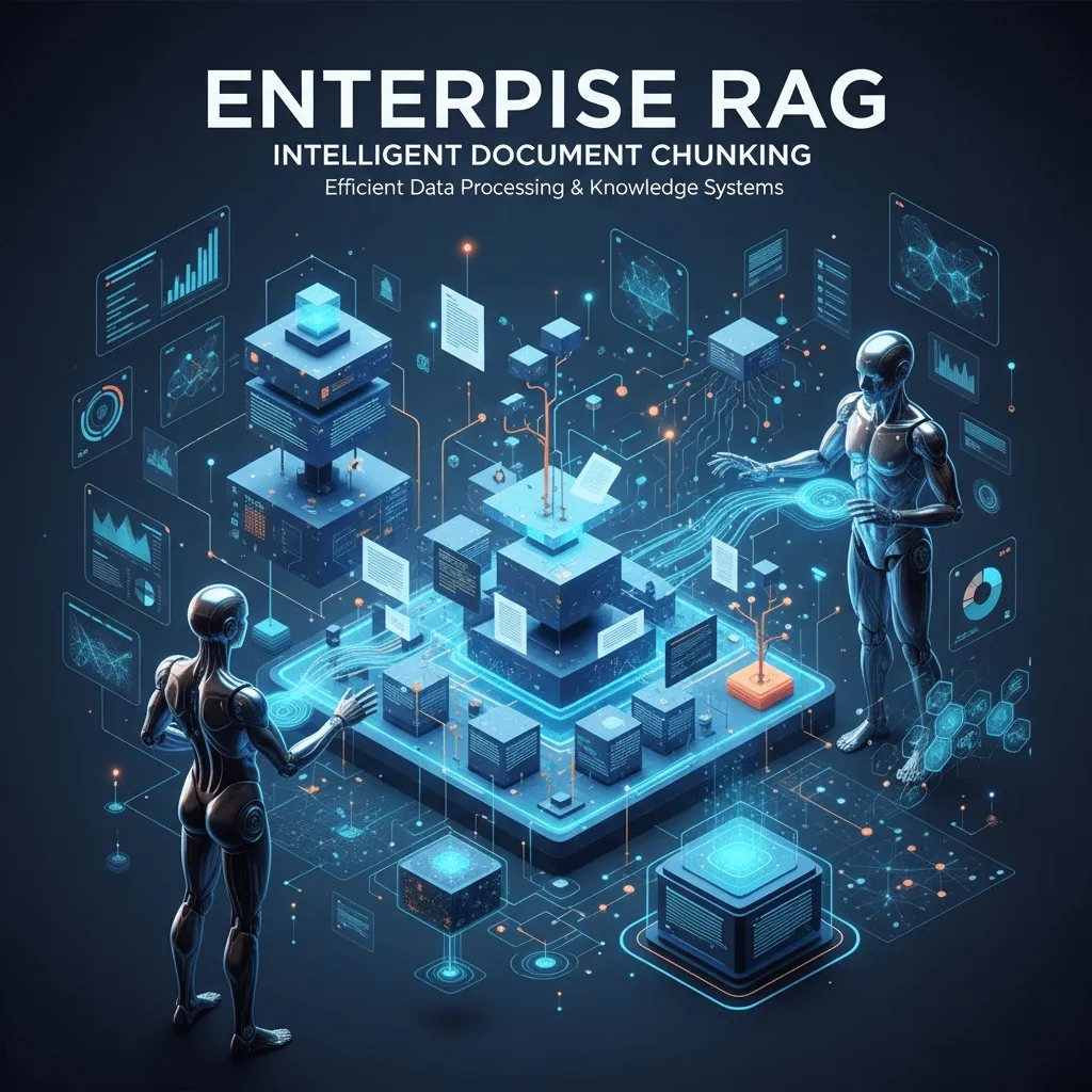 Visualization of enterprise RAG system with hierarchical document chunking showing intelligent data processing and connected knowledge structures