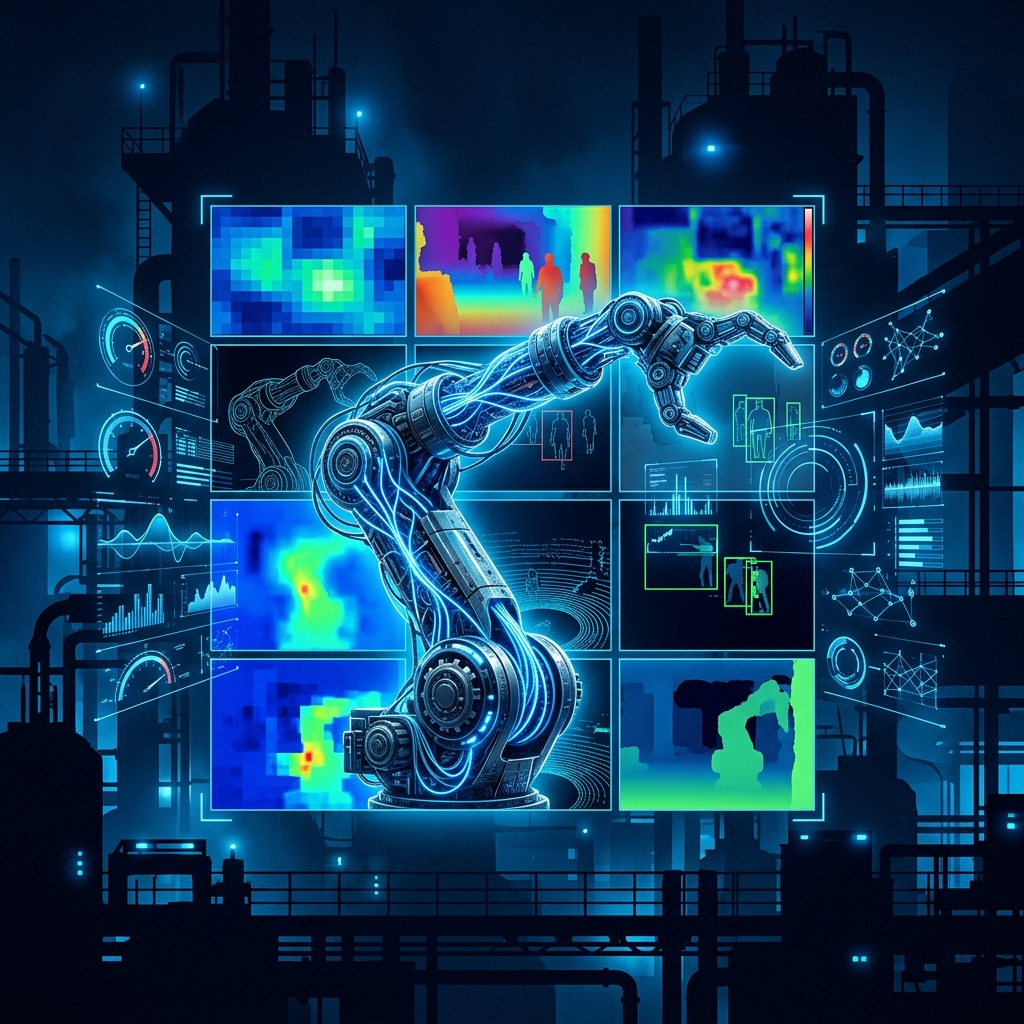 Robotic arm with neural network pathways and multi-view spatial heatmaps representing Gemini Robotics-ER 1.6 embodied reasoning.