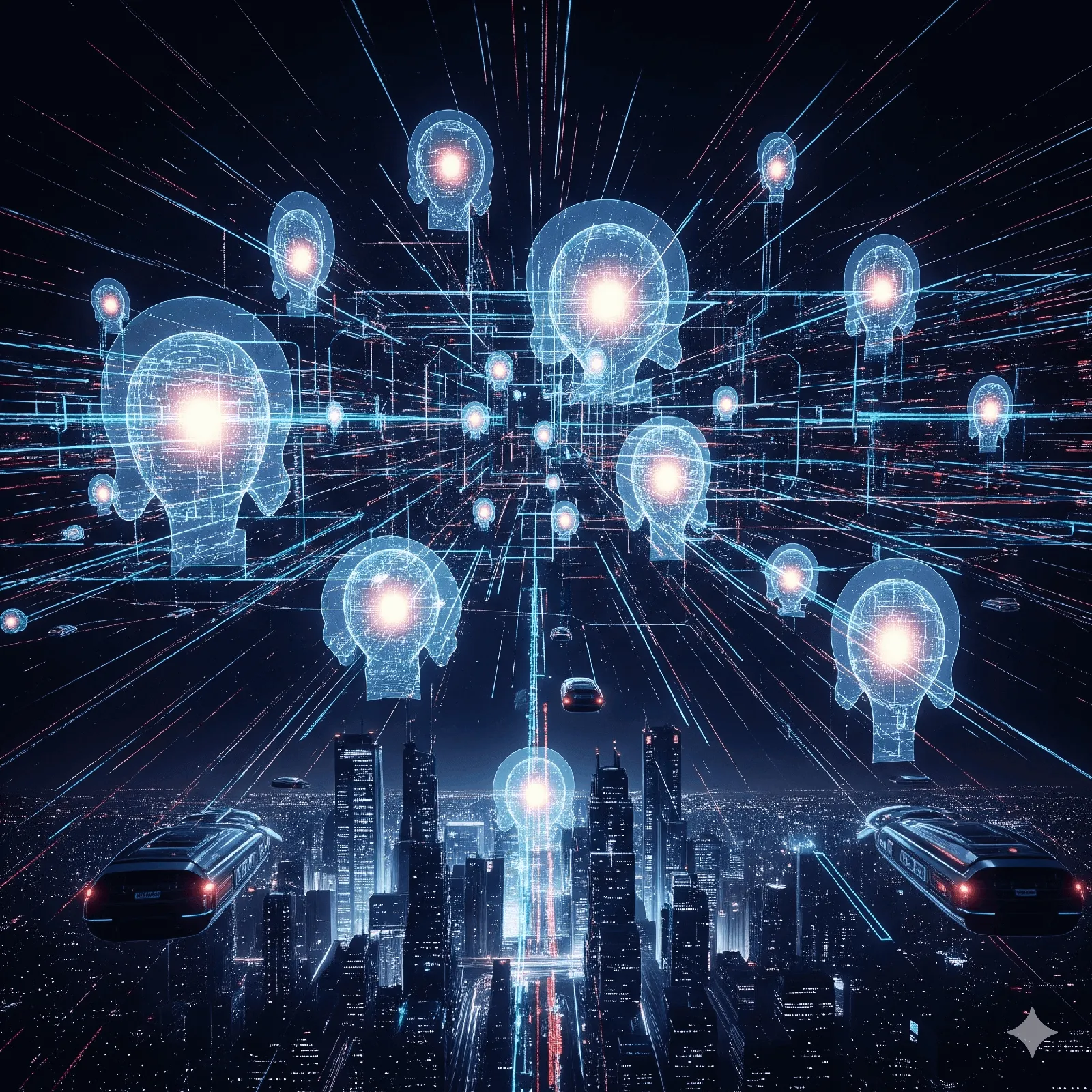 A futuristic image depicting a network of autonomous AI agents working in unison, with data streams connecting them, symbolizing the concept of Agentic AI.