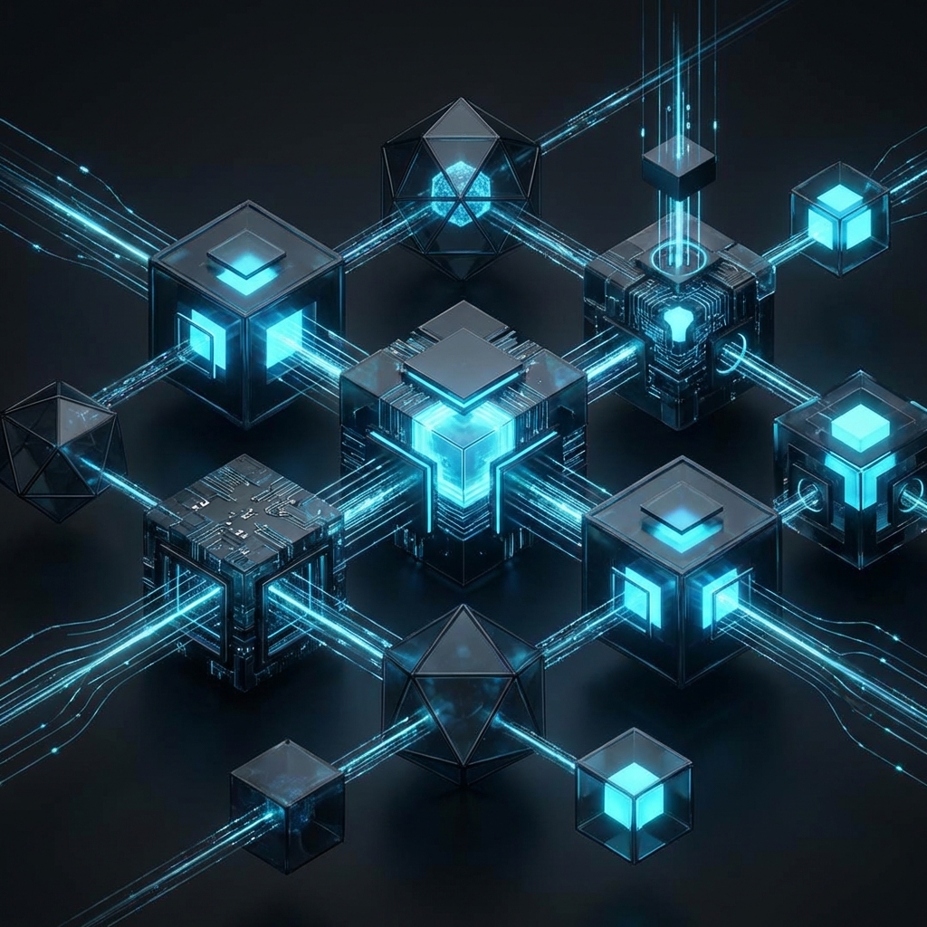 Abstract visualization of modular AI components and autonomous agent networks for Google Antigravity Skills.