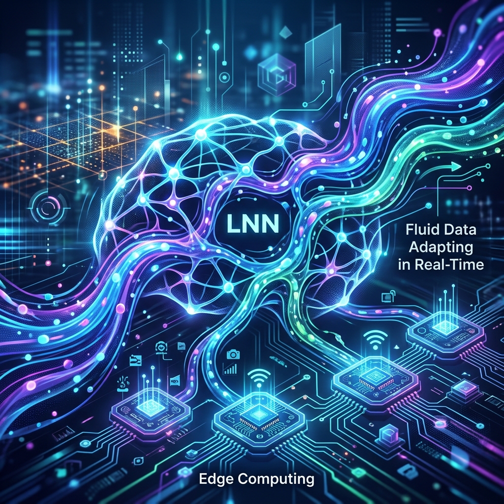 Abstract representation of Liquid Neural Networks adapting fluidly to data streams.