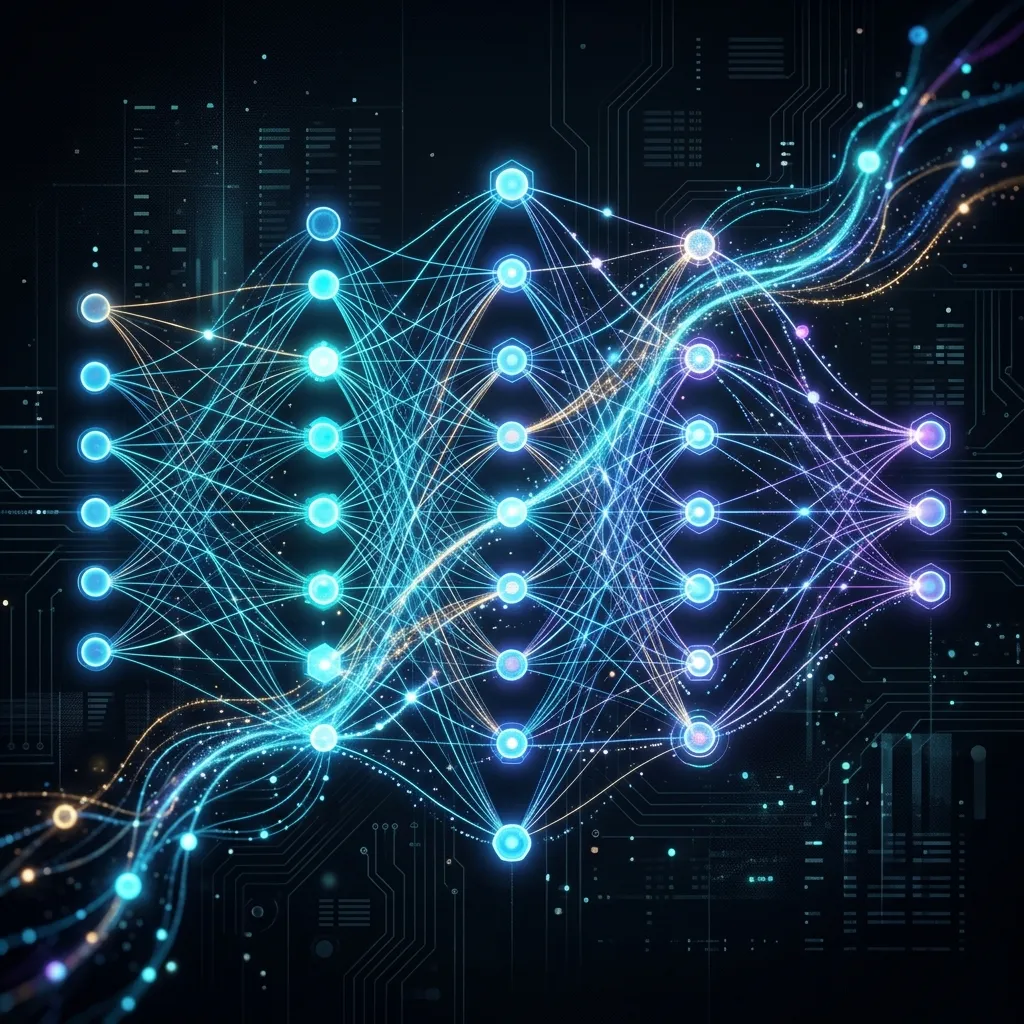 Abstract digital illustration of neural networks, memory pathways, and glowing nodes representing Mila's AI breakthroughs.
