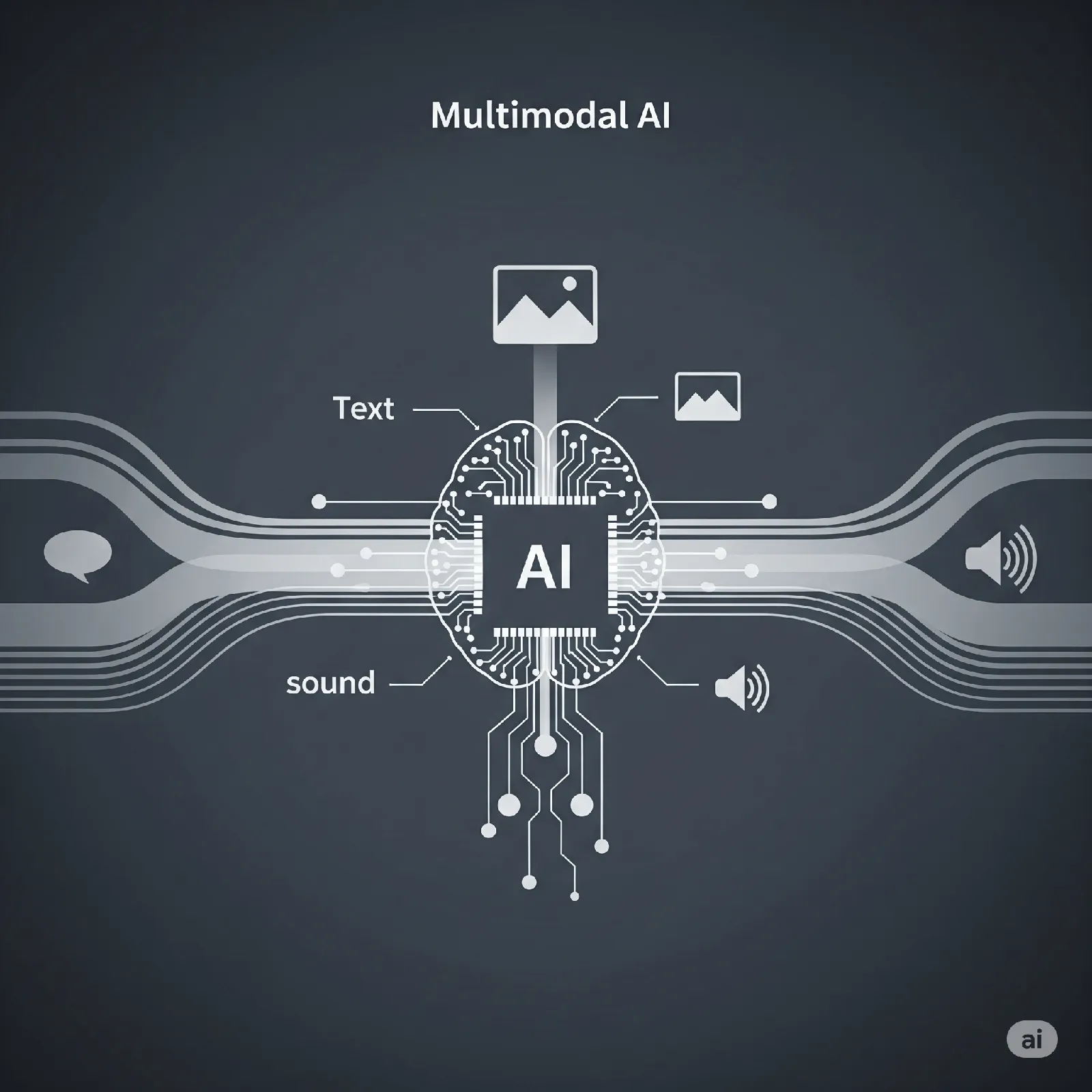 Abstract representation of multimodal AI with data streams for text, images, and sound converging into a central AI brain.
