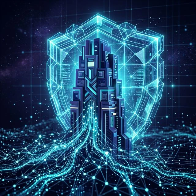 Abstract glowing enterprise shield with neural network agent connections, representing NVIDIA's secure enterprise AI agent platform.