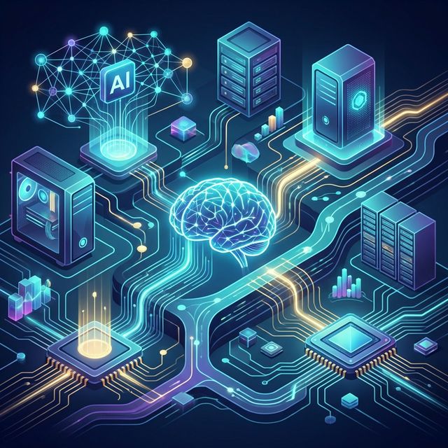 Abstract AI neural network intertwined with high-performance unified memory computing hardware.