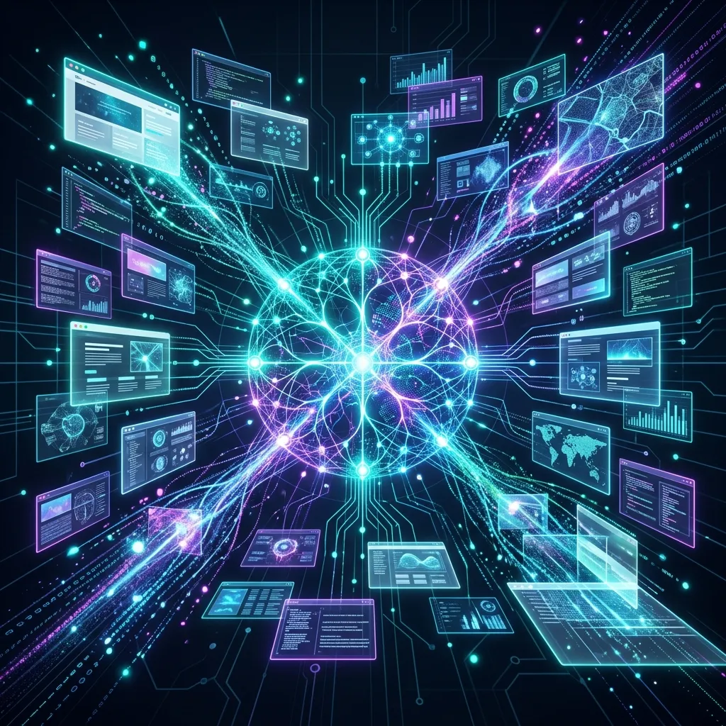 Abstract illustration representing visual retrieval augmented generation (PixelRAG) with floating screenshots.