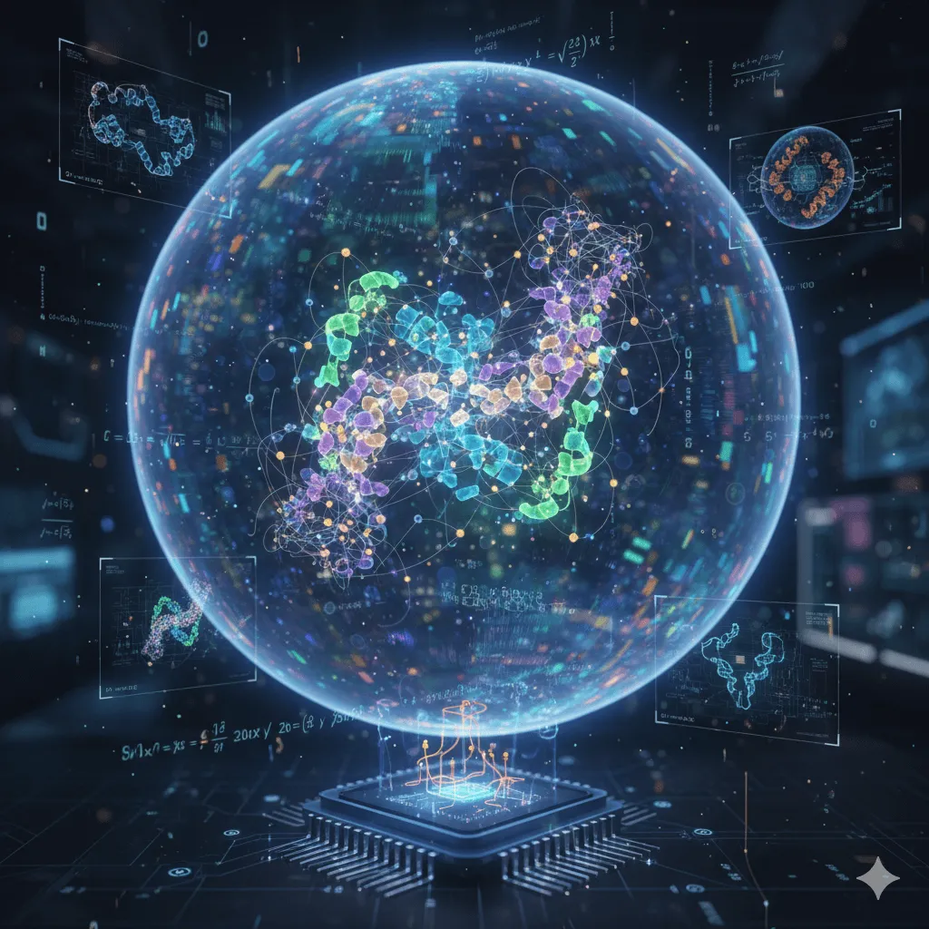 Visualization of quantum computing solving protein folding with interconnected qubits forming a 3D protein structure