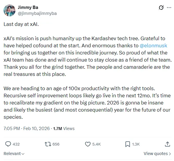 Tweet about AI recursive self-improvement showing the rapid pace of development