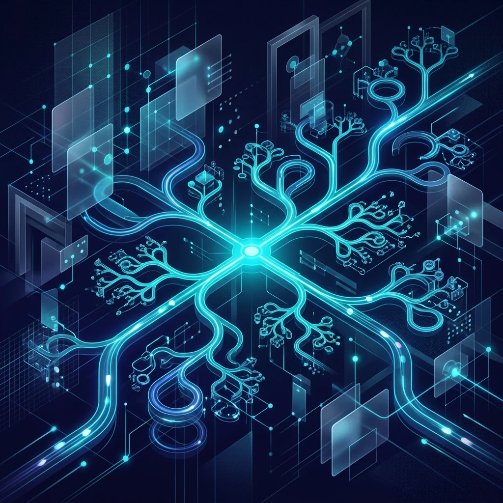 Abstract digital network depicting recursive language models processing context environments.